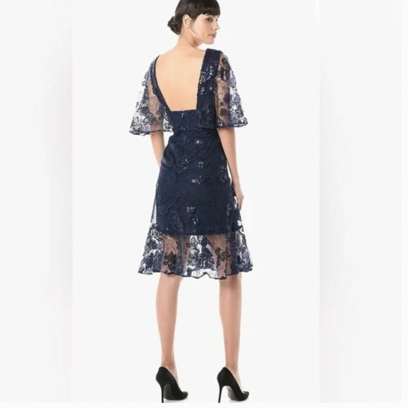 Dress the Population Roseanna Flutter Sleeve Sequin Lace Dress in Navy - Picture 2 of 8